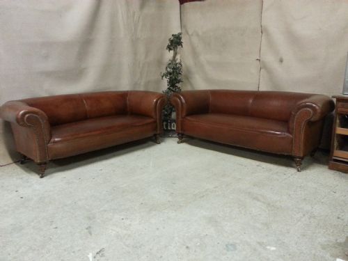 Original Matching Pair of Antique Victorian Brown Leather Full Hide Chesterfield Three Seater Sofas C1890