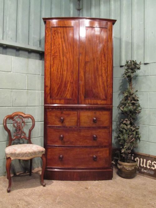 Antique Victorian Flamed Mahogany Narrow Bow Front Linen Press C1880