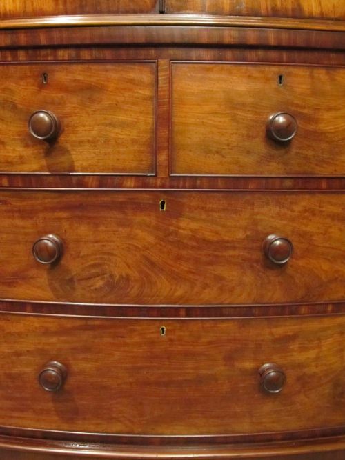 fig 1. ANTIQUE VICTORIAN FLAMED MAHOGANY NARROW BOW FRONT LINEN PRESS C1880