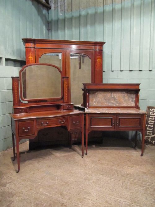 Antique Edwardian Mahogany 3 Piece Bedroom Suite Wardrobe,dressing Table,washstand C1900