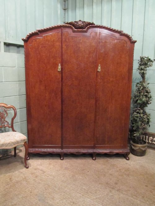 Antique Carved Burr Walnut Triple Wardrobe C1920