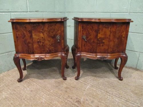 Antique Pair Italian Burr Walnut Serpentine Shaped Bedside Cabinets C1900