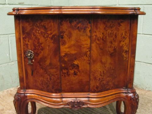 fig 1. ANTIQUE PAIR ITALIAN BURR WALNUT SERPENTINE SHAPED BEDSIDE CABINETS C1900