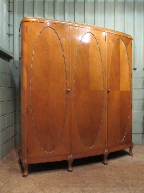 Antique Italian Walnut & Gilded Bow Front Triple Wardrobe C1920