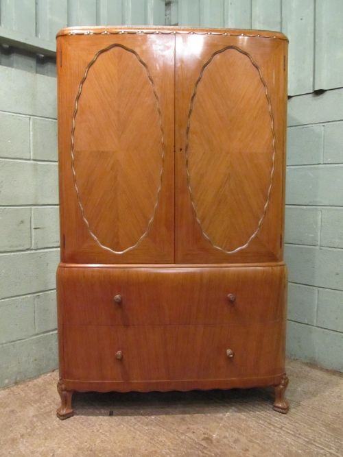 Antique Italian Walnut & Gilded Art Deco Tall Boy Gents Wardrobe C1920