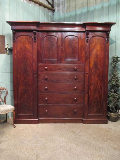 Antique Victorian Flamed Mahogany Breakfront Triple Wardrobe Compactum C1860