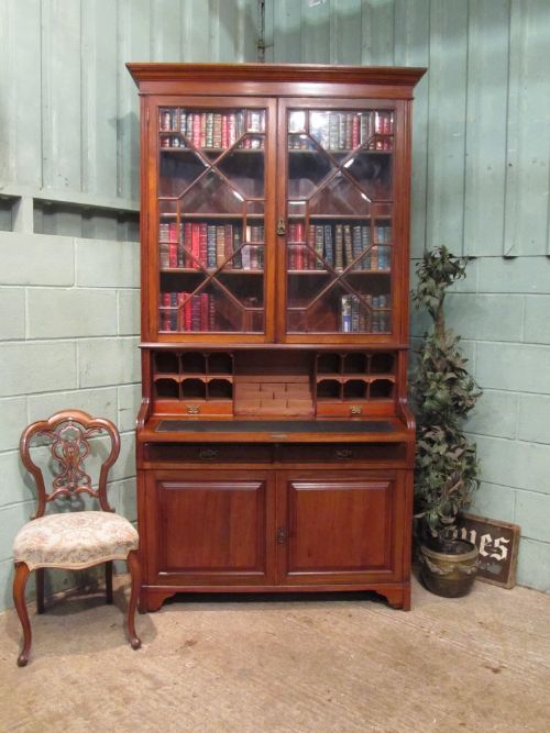 Antique Late Victorian Astragal Glazed Mahogany Secretaire Bookcase C1890