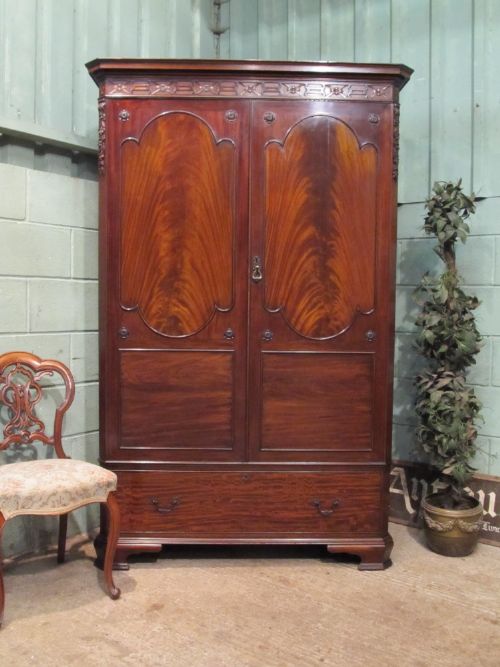 Antique Edwardian Flamed Mahogany Chippendale Double Wardrobe C1900
