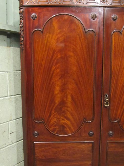 fig 1. ANTIQUE EDWARDIAN FLAMED MAHOGANY CHIPPENDALE DOUBLE WARDROBE C1900