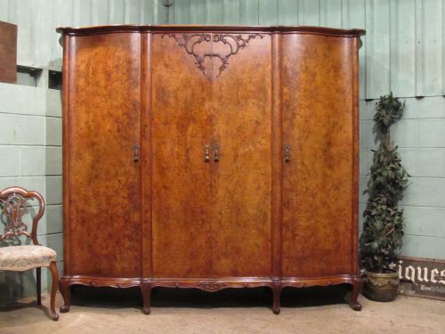 Italian Burr Walnut Serpentine Shaped Triple Wardrobe C1920