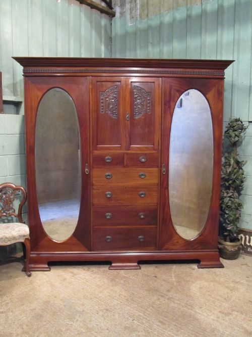 Antique Edwardian Triple Mahogany Wardrobe Compactum C1900