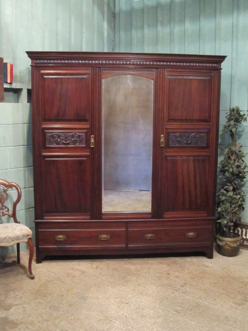 Antique Edwardian Mahogany Triple Wardrobe C1900