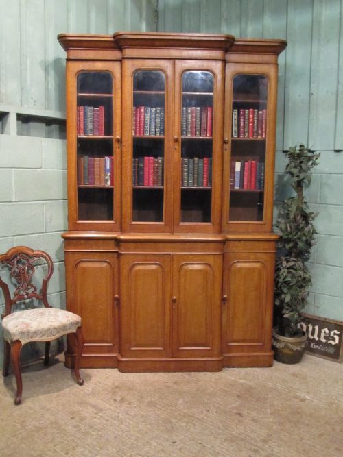 Antique Victorian Golden Oak Breakfront Bookcase C1880