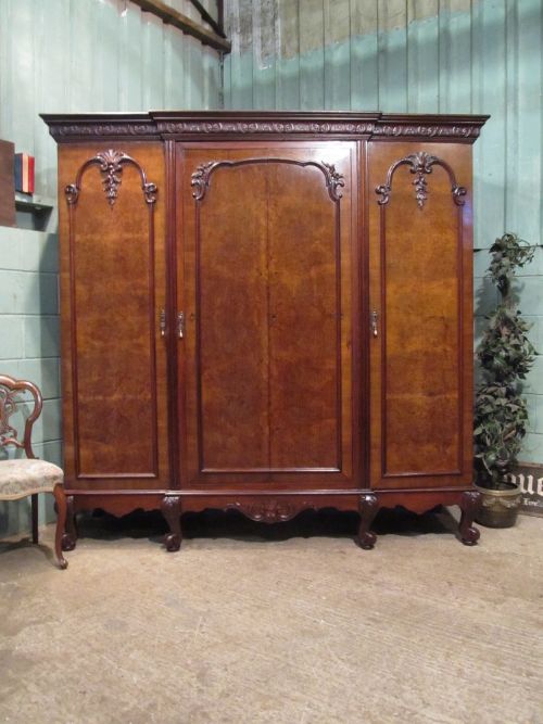 Antique French Burr Walnut Breakfront Triple Wardrobe C1900