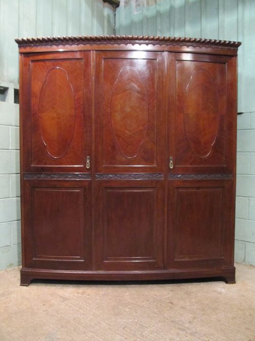 fig 1. ANTIQUE EDWARDIAN CHIPPENDALE BOW FRONT MAHOGANY TRIPLE WARDROBE C1900