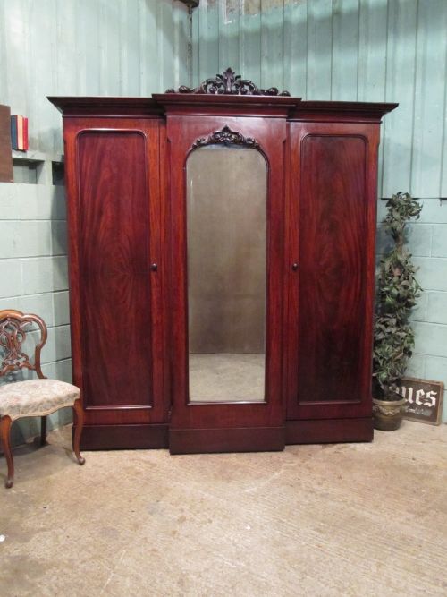 Antique Victorian Mahogany Breakfront Triple Wardrobe C1880