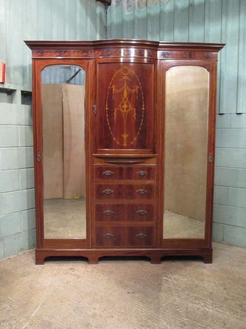 Antique Inlaid Edwardian Mahogany Triple Wardrobe Compactum by Maples & Co.