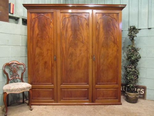 Antique Edwardian Flamed Mahogany Triple Wardrobe C1900