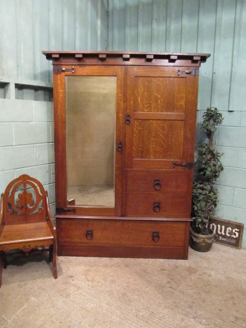 fig 1. ANTIQUE ARTS & CRAFTS OAK DOUBLE WARDROBE COMPACTUM BY BLYTH & SONS C1890