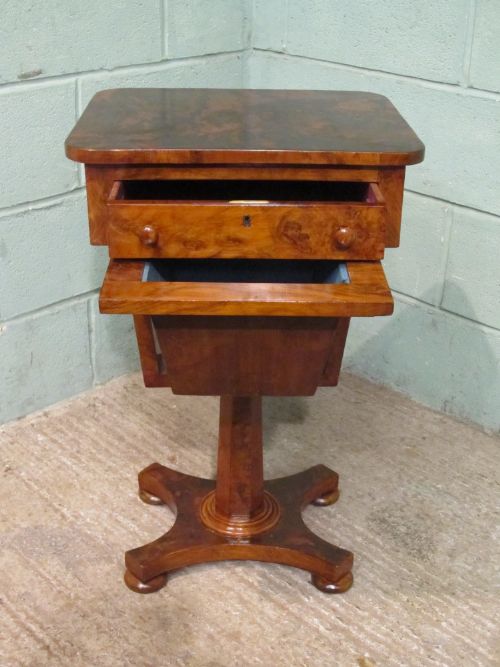 fig 2. ANTIQUE WILLIAM 1V BURR WALNUT WORK SEWING TABLE C1830