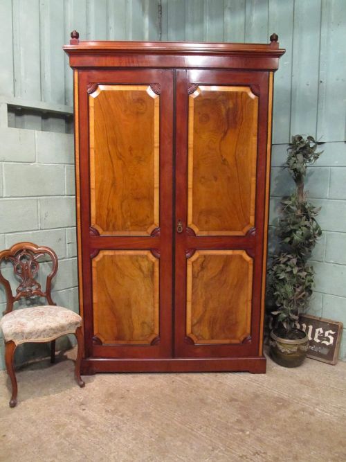 Antique Victorian Mahogany & Burr Walnut Double Wardrobe C1880
