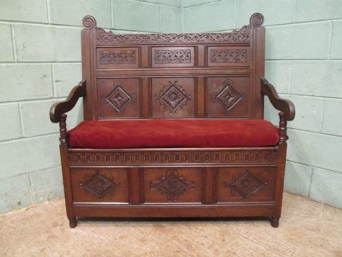 fig 1. ANTIQUE VICTORIAN CARVED OAK BOX SETTLE C1880