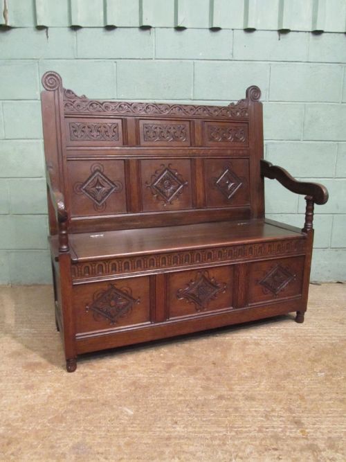 Antique Victorian Carved Oak Box Settle C1880