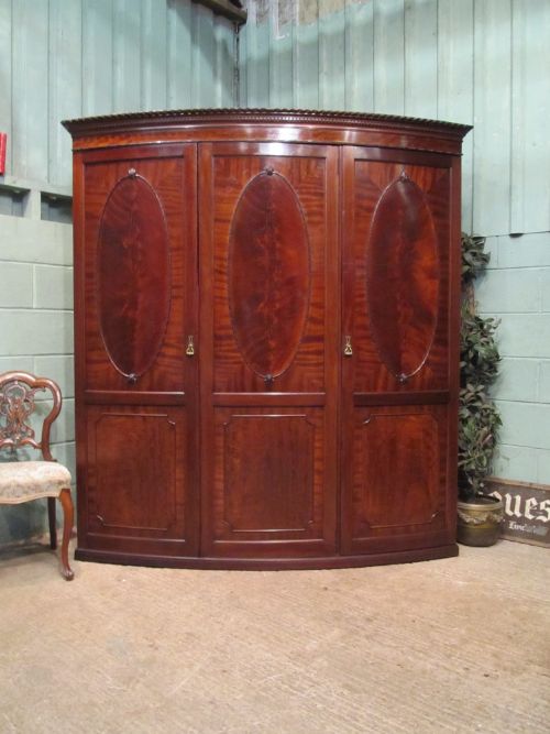 Antique Edwardian Bow Front Flamed Mahogany Triple Wardrobe C1900