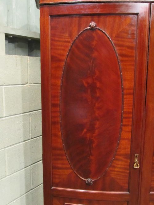 fig 2. ANTIQUE EDWARDIAN BOW FRONT FLAMED MAHOGANY TRIPLE WARDROBE C1900
