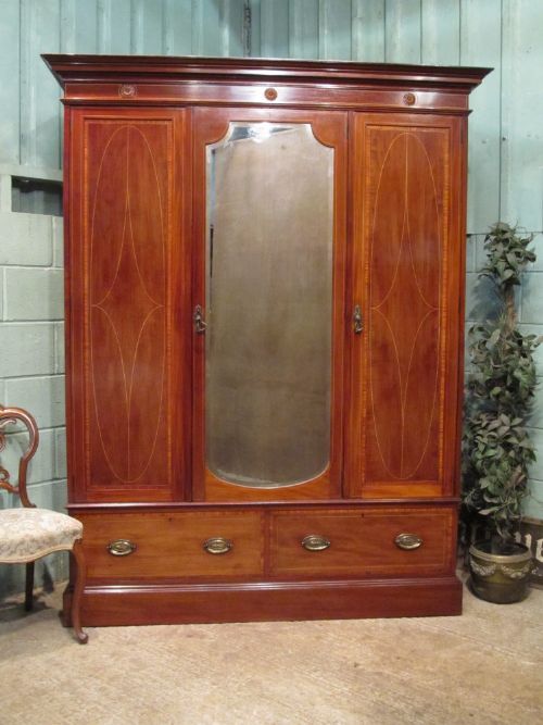 Antique Edwardian Inlaid Mahogany Triple Wardrobe C1900