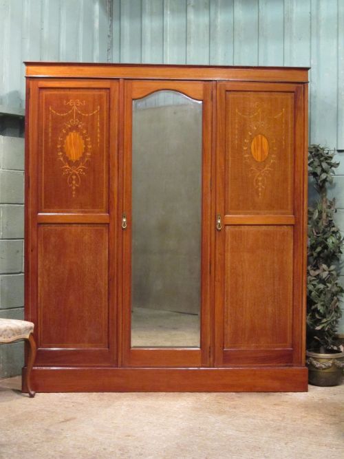 Antique Edwardian Mahogany Inlaid Triple Wardrobe C1900