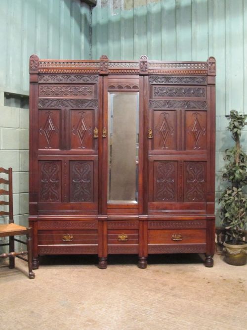 Antique Early Victorian Carved Oak Triple Wardrobe C1840