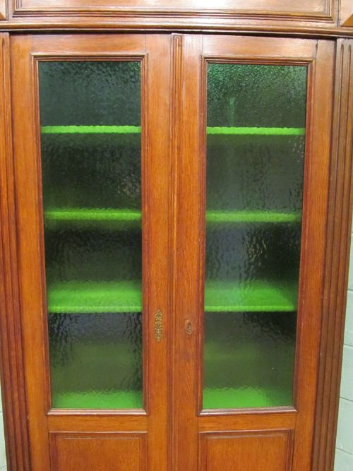 fig 1. ANTIQUE 19TH CENTURY FRENCH OAK CUPBOARD BOOKCASE WITH ORIGINAL GREEN GLASS C1880