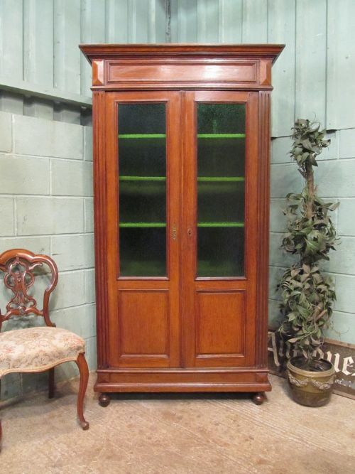 Antique 19th Century French Oak Cupboard Bookcase with Original Green Glass C1880