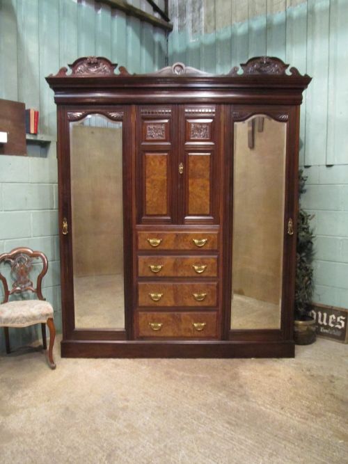 Antique Victorian Burr Walnut & Mahogany Triple Wardrobe C1890