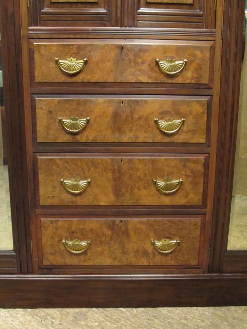 fig 1. ANTIQUE VICTORIAN BURR WALNUT & MAHOGANY TRIPLE WARDROBE C1890