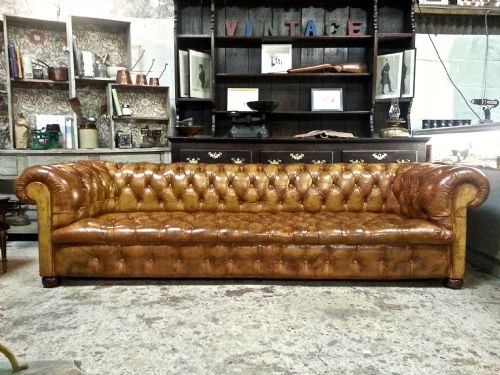 Antique Victorian Edwardian Tan Leather Hide Full Button Down Large Chesterfield Three Seater Sofa C1920