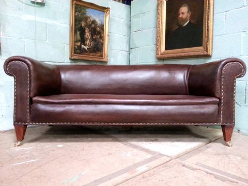 Antique Victorian Edwardian Brown Leather Large Overstuffed Chesterfield Three Seater Sofa C1880