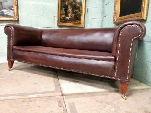 fig 1. ANTIQUE VICTORIAN EDWARDIAN BROWN LEATHER LARGE OVERSTUFFED CHESTERFIELD THREE SEATER SOFA C1880