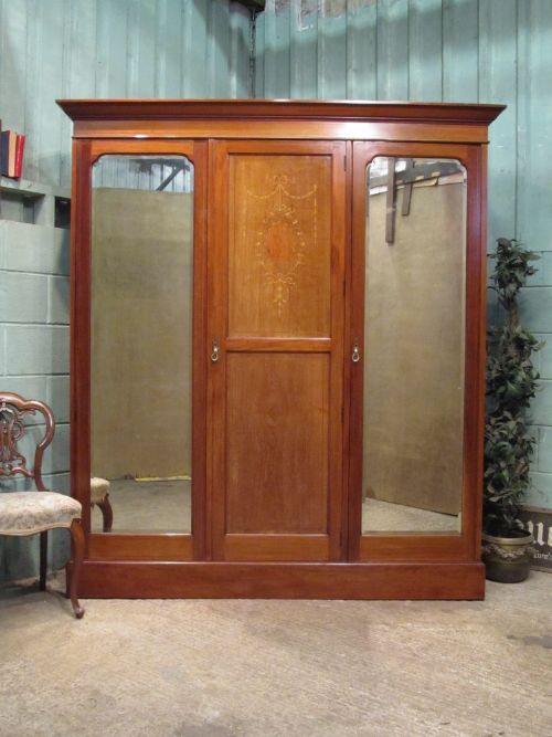 Antique Edwardian Mahogany Inlaid Triple Wardrobe Compactum C1900