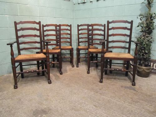 Antique Victorian Set Six Country Oak Ladder Back Dining Chairs C1880