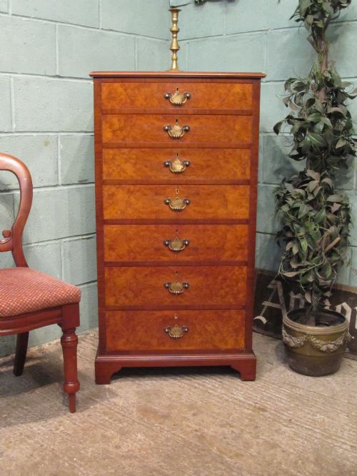 Antique Burr Walnut Wellington Chest of Drawers by Maples & Co C1920