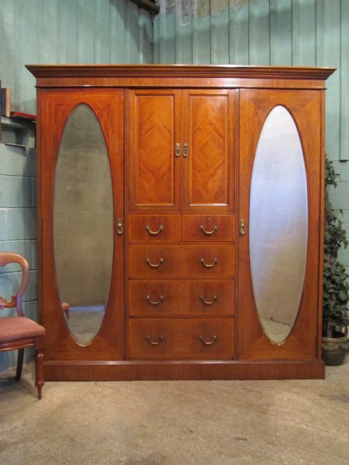 Antique Edwardian Mahogany Triple Wardrobe C1900