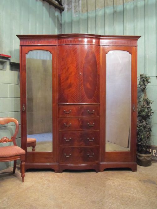 Antique Edwardian Mahogany Breakfront Triple Wardrobe C1900
