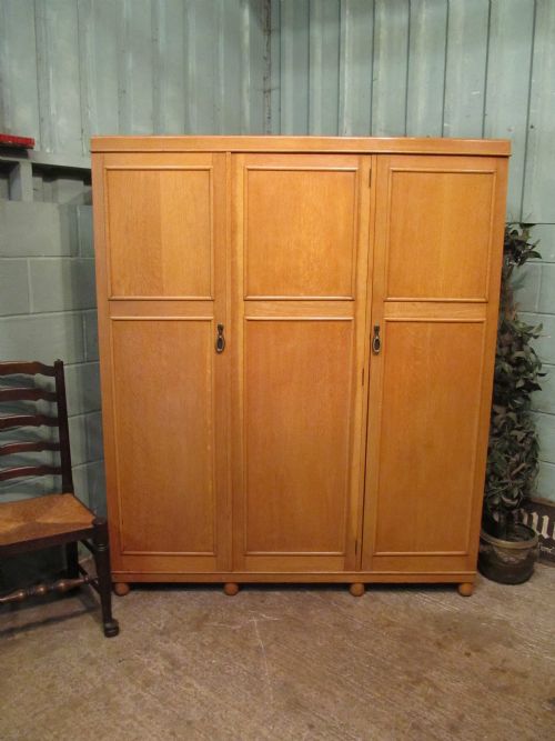 Antique Edwardian Blonde Oak Triple Wardrobe C1900