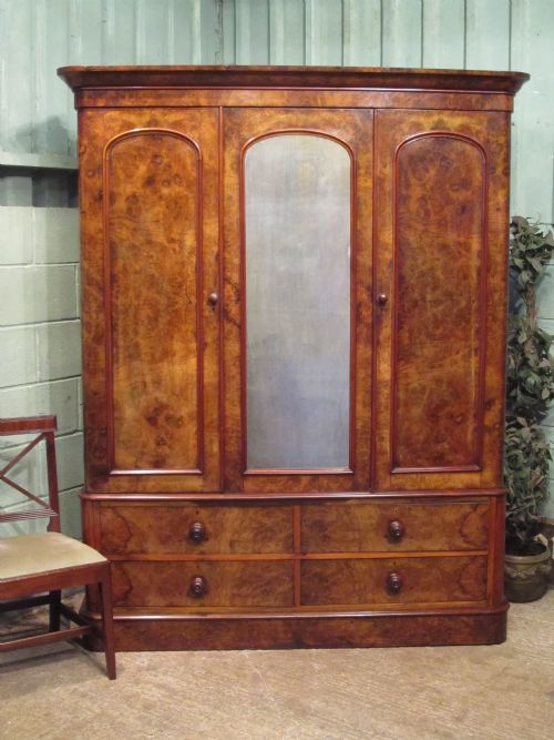 Antique Victorian Burr Walnut Triple Wardrobe C1880