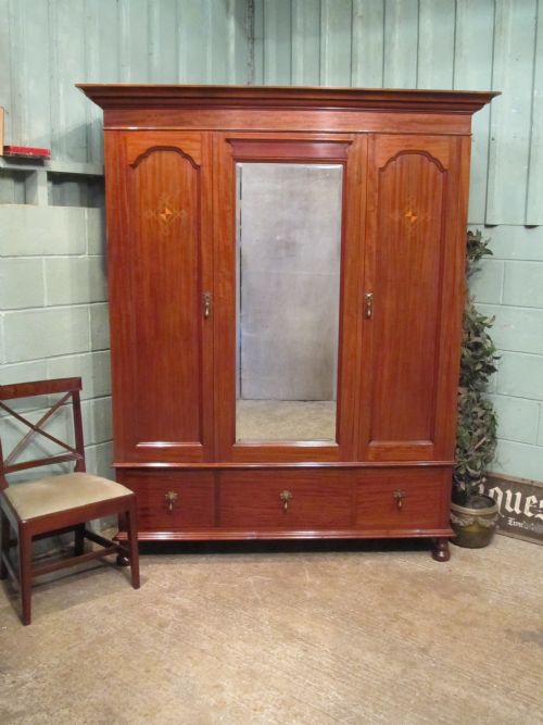 Antique Edwardian Mahogany Triple Wardrobe C1900