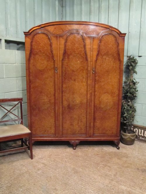 Antique Burr Walnut Dome Top Triple Wardrobe C1920