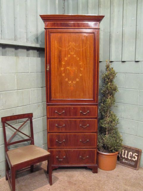 Antique Edwardian Mahogany Inlaid Narrow Clothes Press C1900