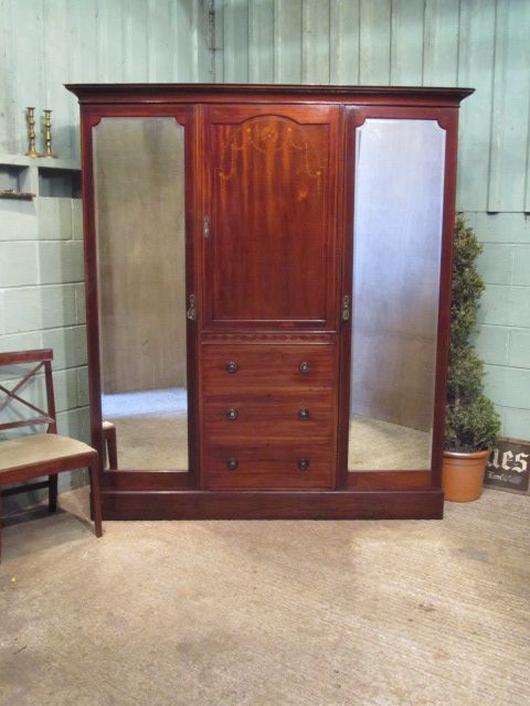 Antique Edwardian Mahogany Triple Wardrobe C1900